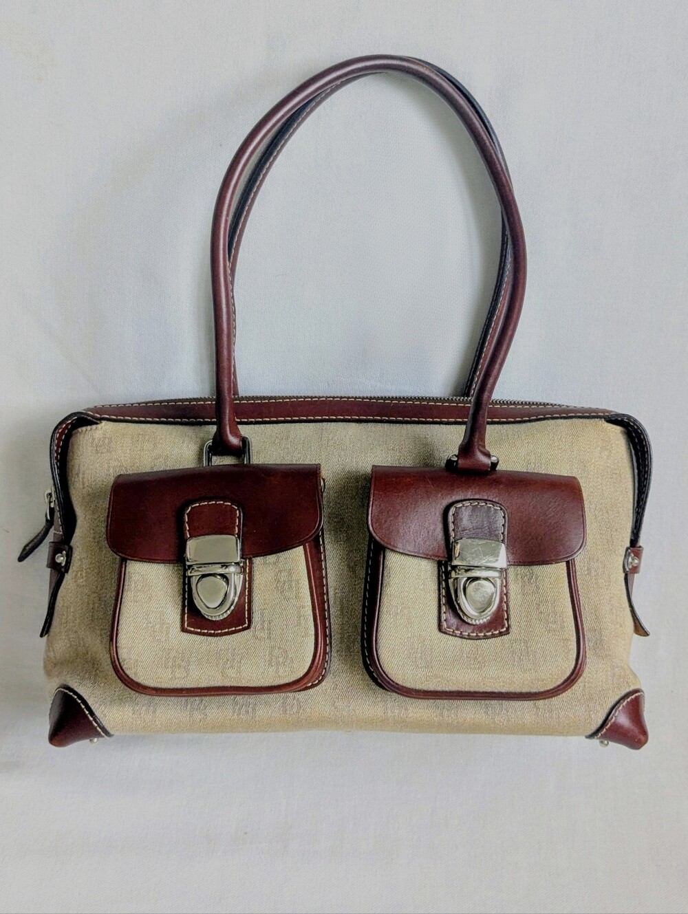 Dooney & Bourke Signature Logo Canvas Double Pocket Satchel Tote Bag